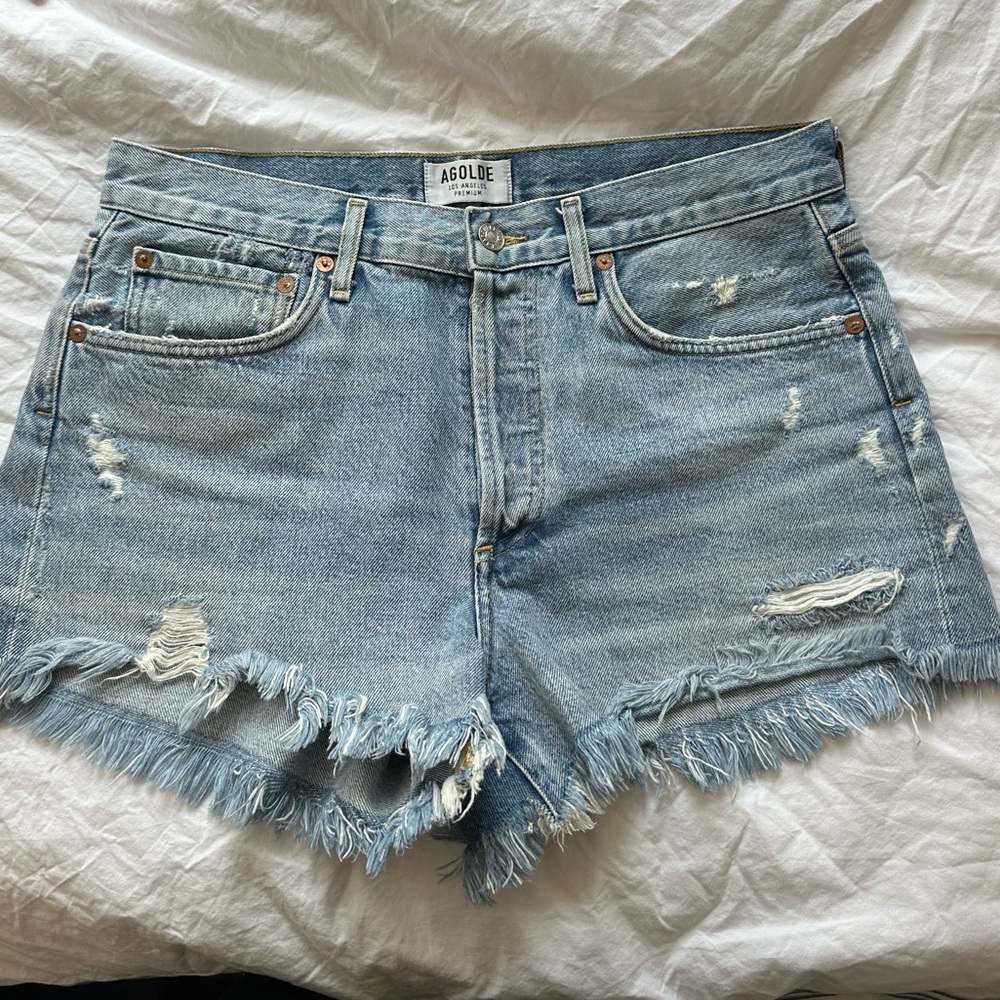 Agolde Women's Frayed Hem Jean Shorts - Light Blue
